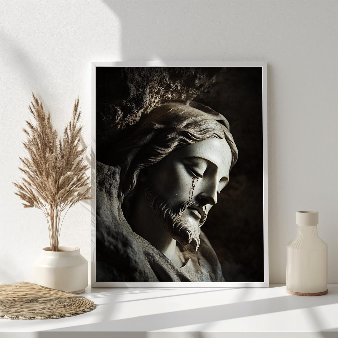 Jesus Christ Weathered Stone Sculpture Face Weeping Close Up Wall Art - Image 5