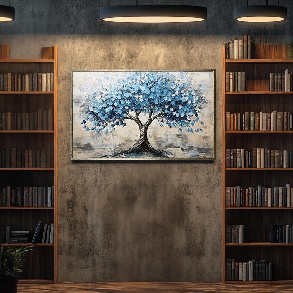 Abstract Blue Tree Painting Textured Palette Knife Wall Art Modern Nature Decor Elegant Blue Tree Minimalist Home Artwork - Image 4