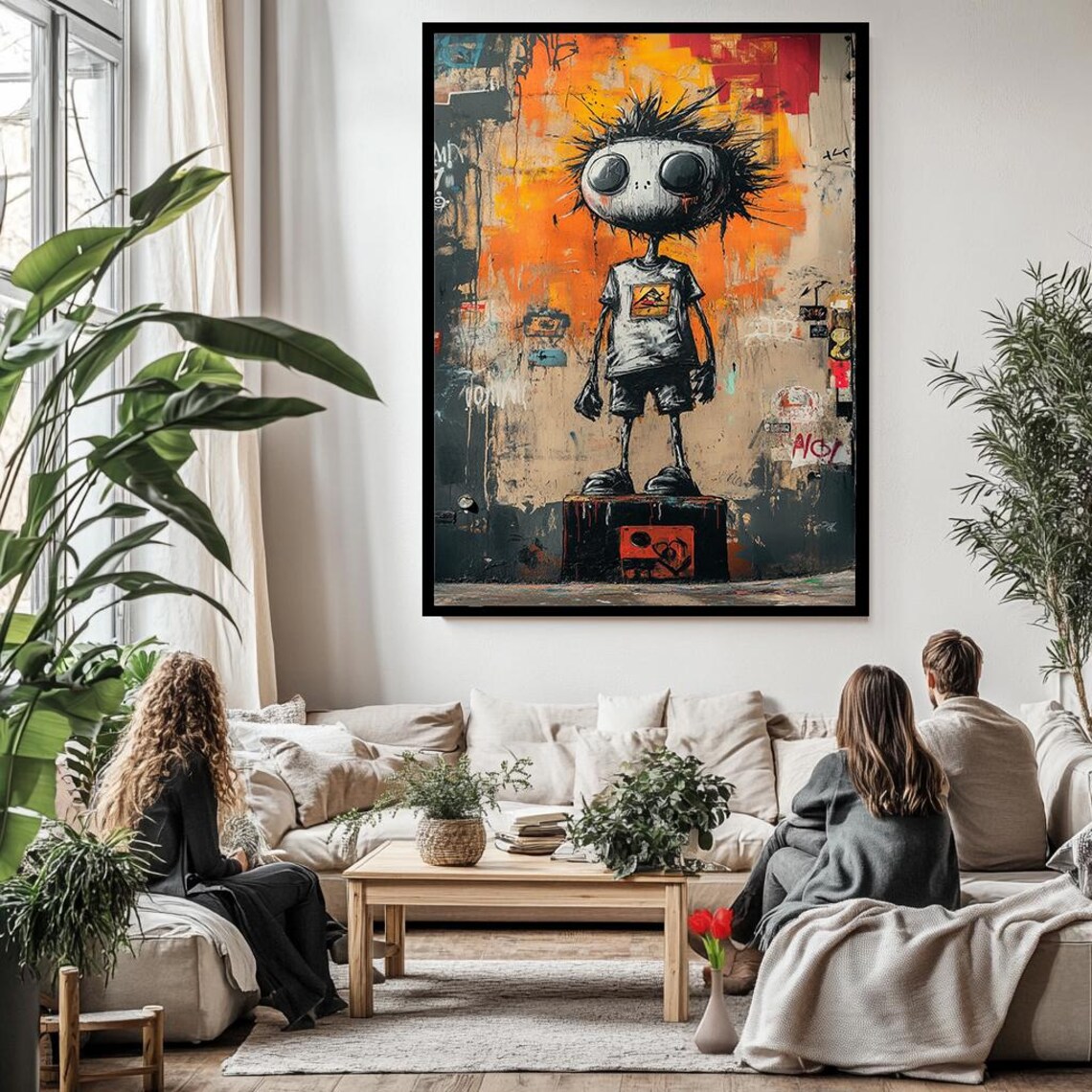 Street Art Kid Character Big Eyes Graffiti Wall Urban Orange Print - Image 2