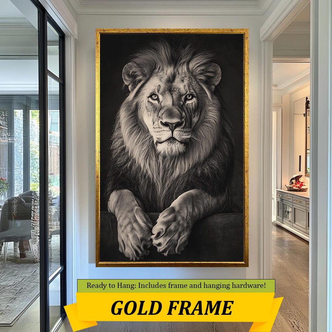 Black And White Lion Portrait Paws Resting Dark Majestic Wall Art - Image 5