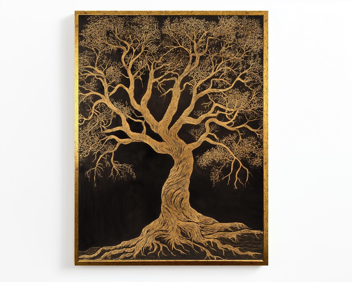Golden Tree of Life Black Background Elegant Nature Art Wall Poster - Image 4