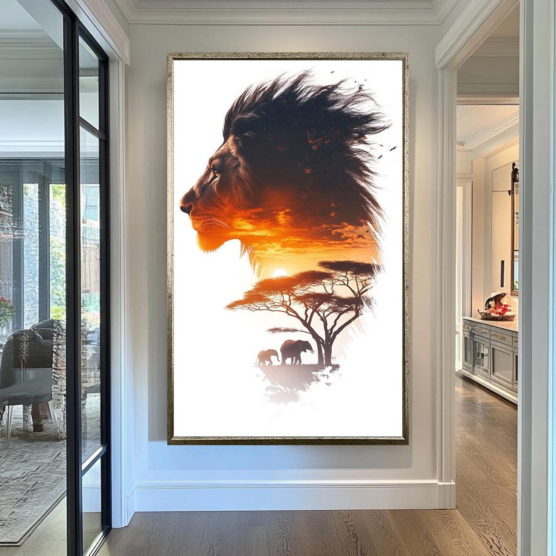 Lion Profile Double Exposure African Savanna Sunset Elephants Wall Art - Image 2