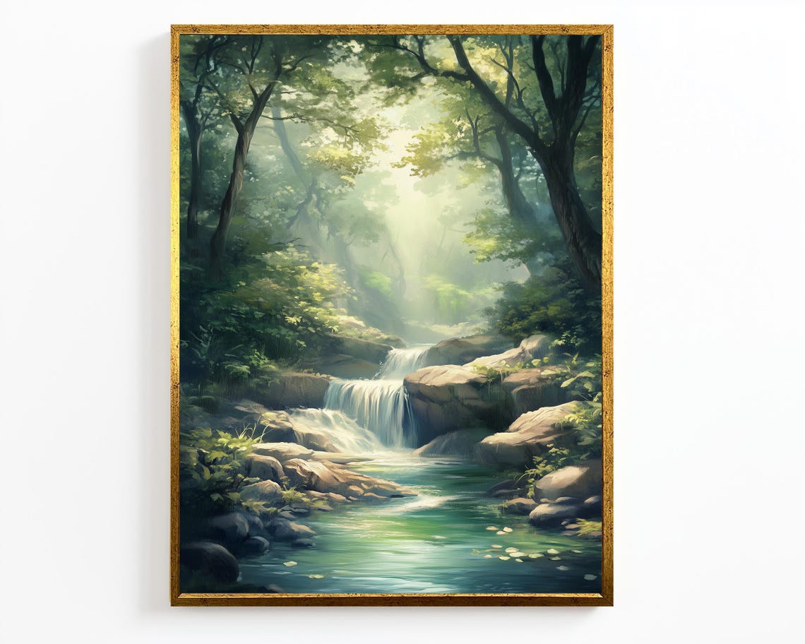 Tranquil Forest Waterfall Serene Stream Sunlight Green Nature Poster - Image 4