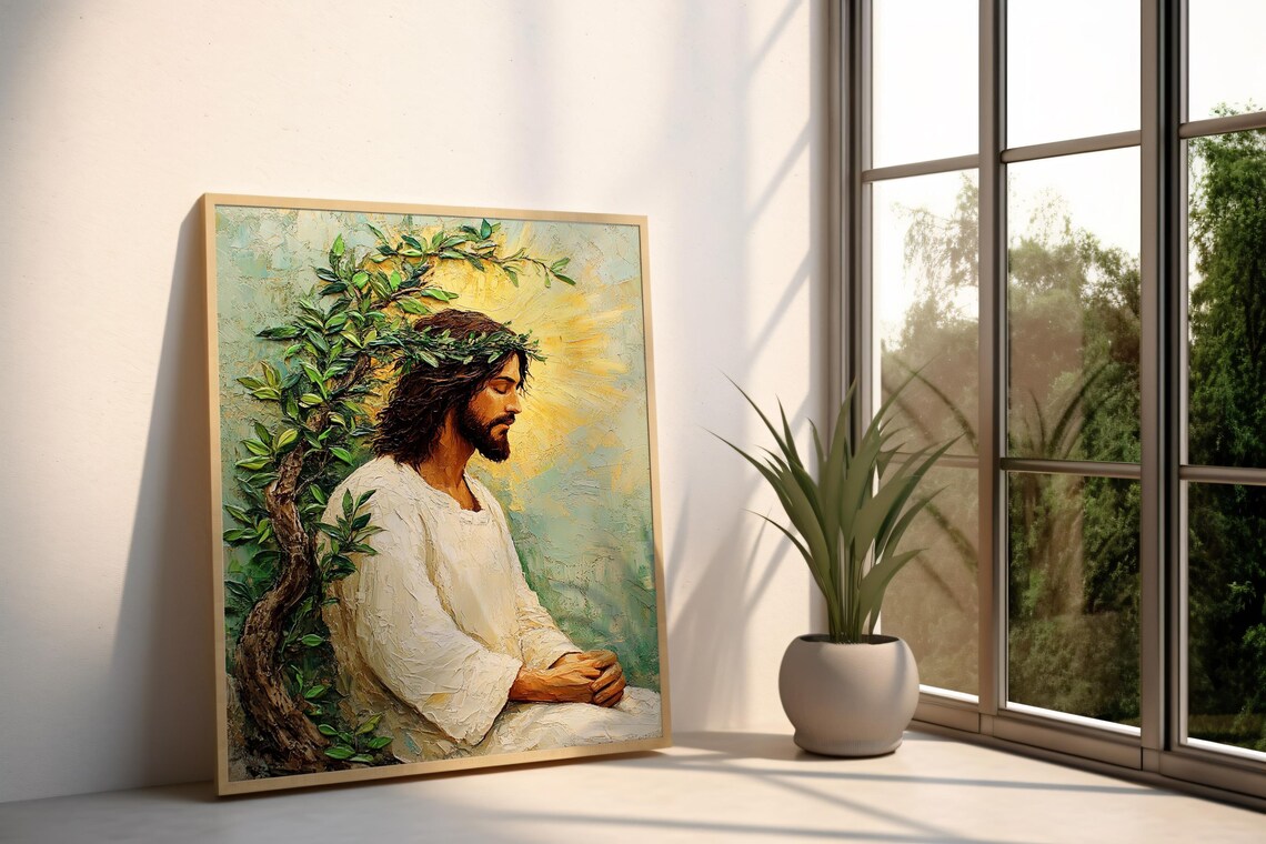 Jesus Praying By Tree Golden Halo Light Peaceful Oil Painting Poster - Image 2