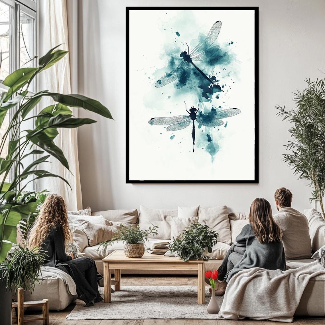 Teal Dragonfly Watercolor Pair Elegant Nature Insect Art Wall Poster - Image 3