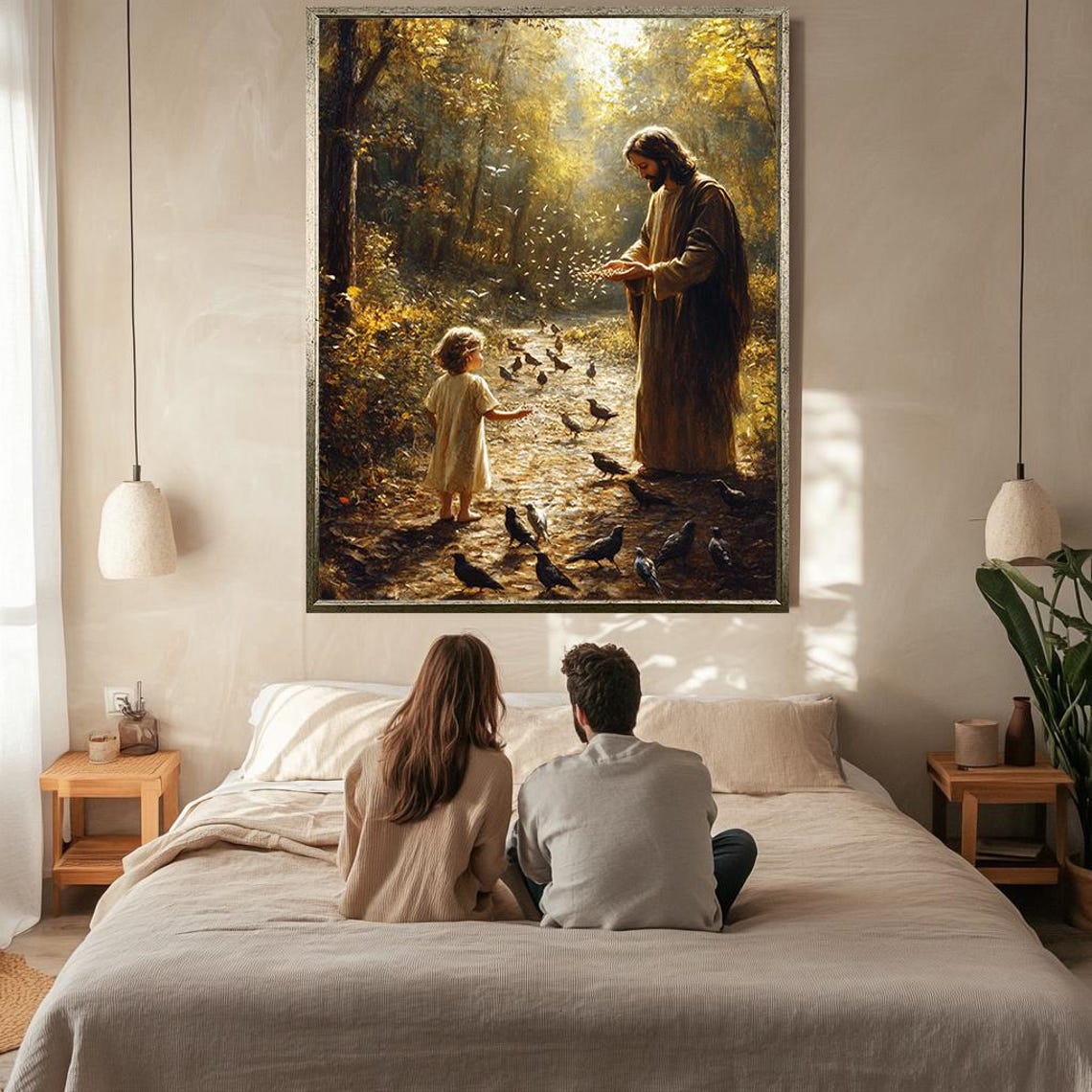 Jesus Feeding Birds With Child On Forest Path Dappled Light Wall Art - Image 2