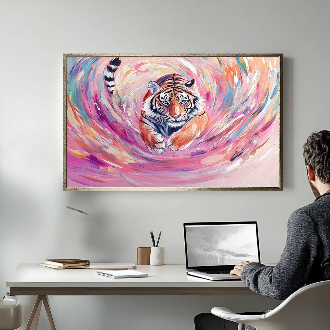 Dynamic Tiger Leaping Pink Vortex Colorful Abstract Wildlife Poster - Image 5