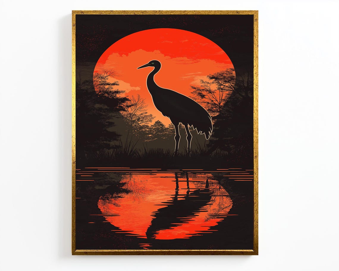 Crane Silhouette Wall Art Bold Sunset Reflection For Nature Lovers - Image 4