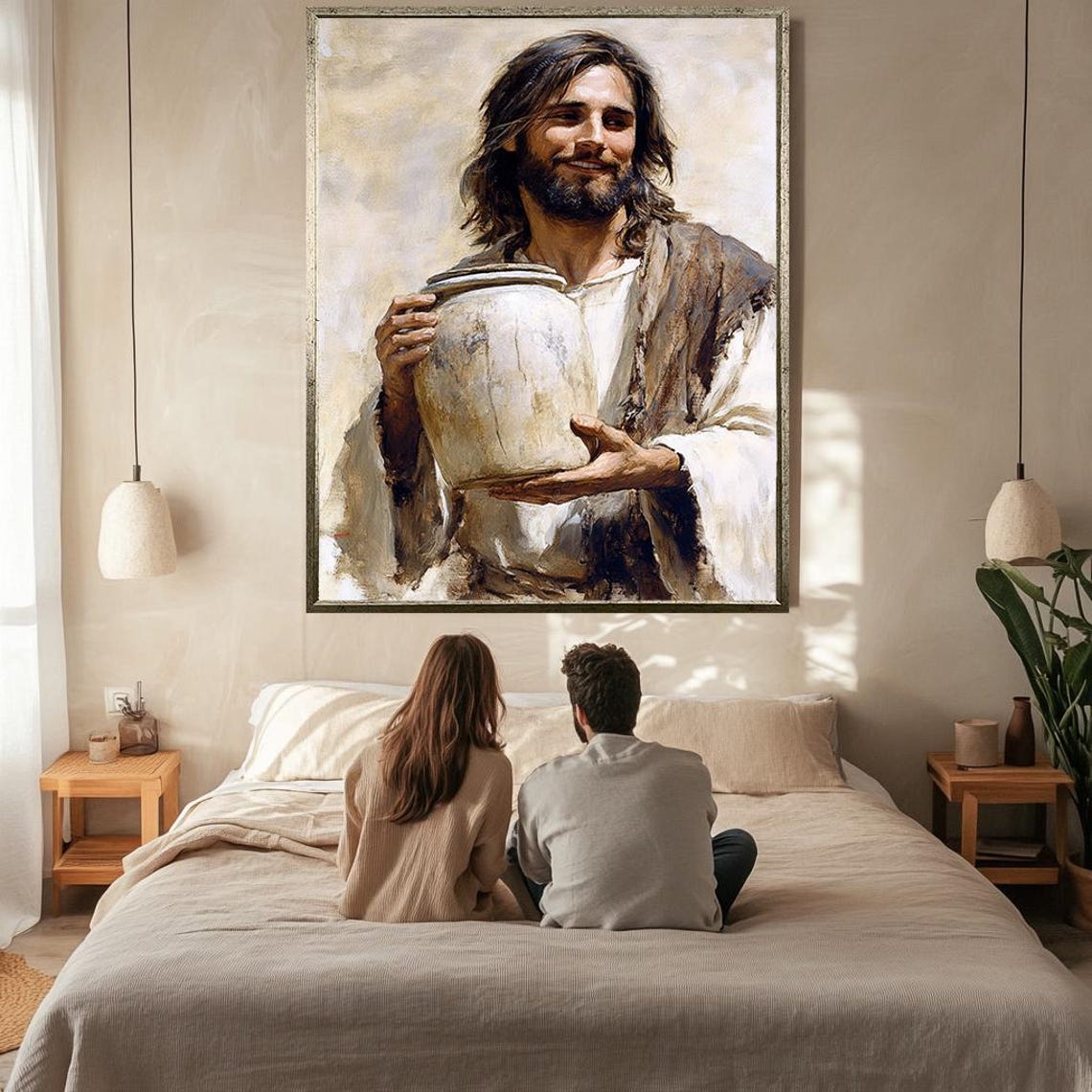 Smiling Jesus Christ Holding Clay Water Jar Biblical Scene Wall Art - Image 2