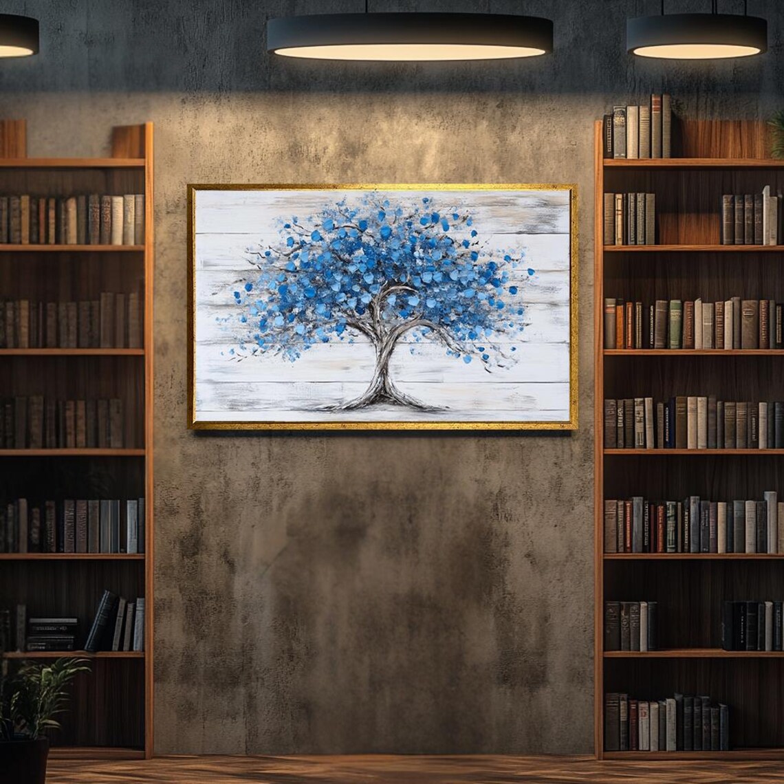 Modern Blue Tree Palette Knife Painting, Abstract - Image 3