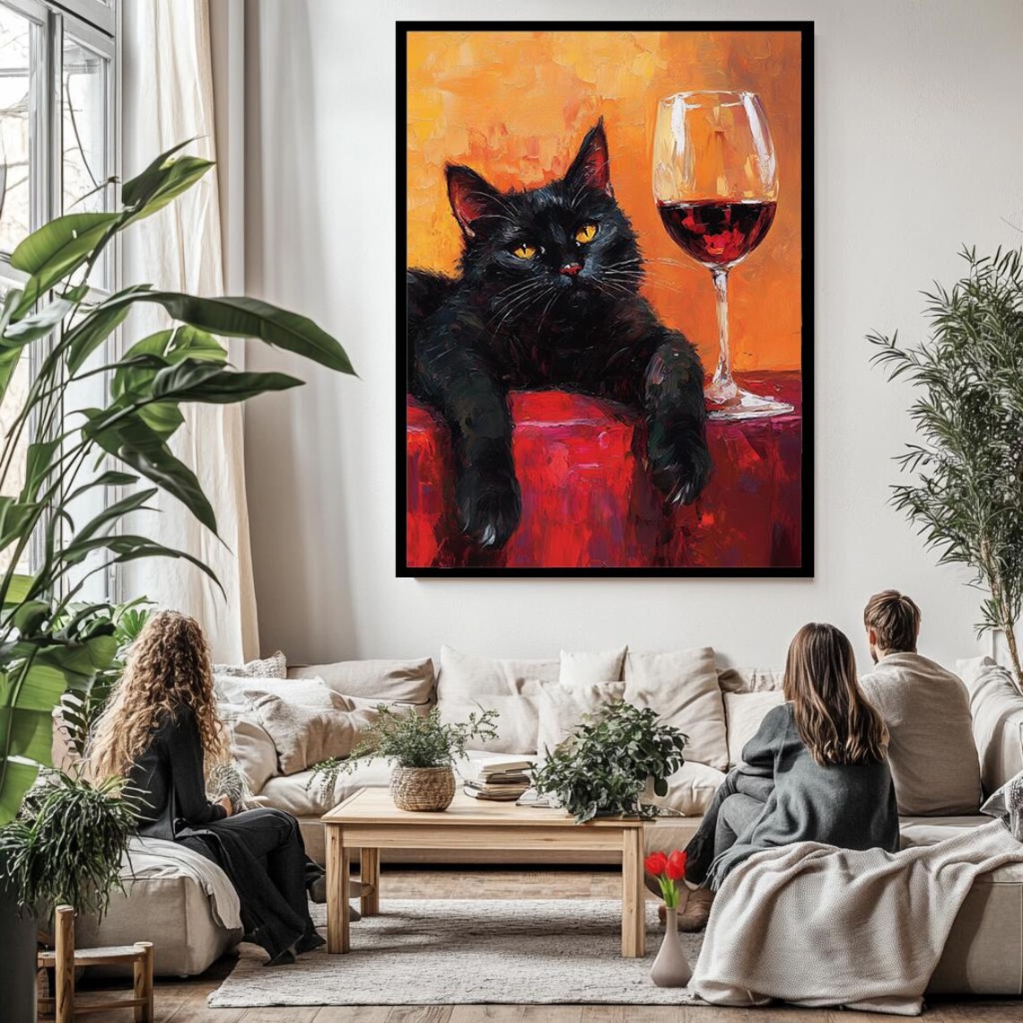 Black Cat With Red Wine Glass Fun Impasto Feline Painting Poster - Image 3