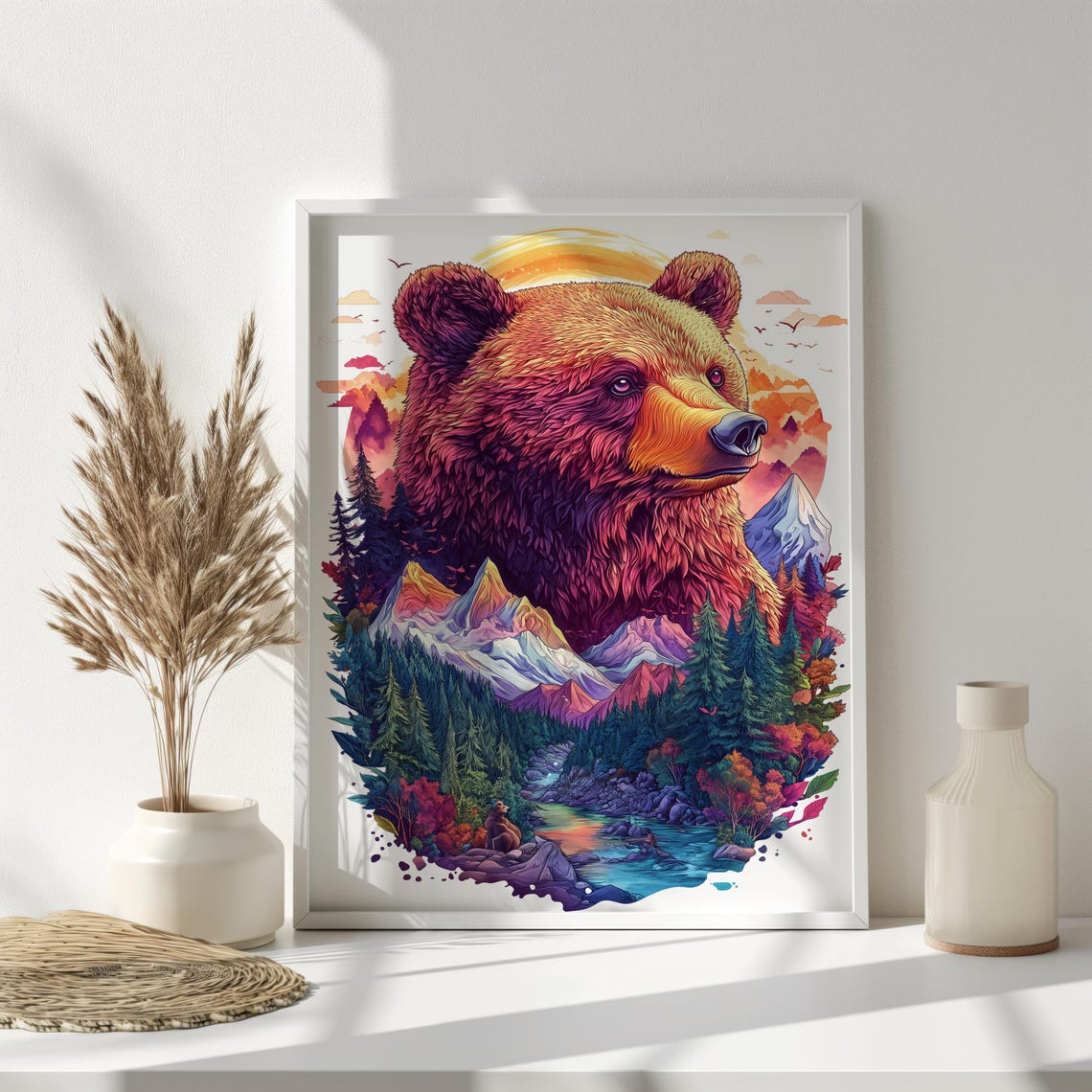 Majestic Grizzly Bear Mountain Sunset Forest Double Exposure Poster - Image 5