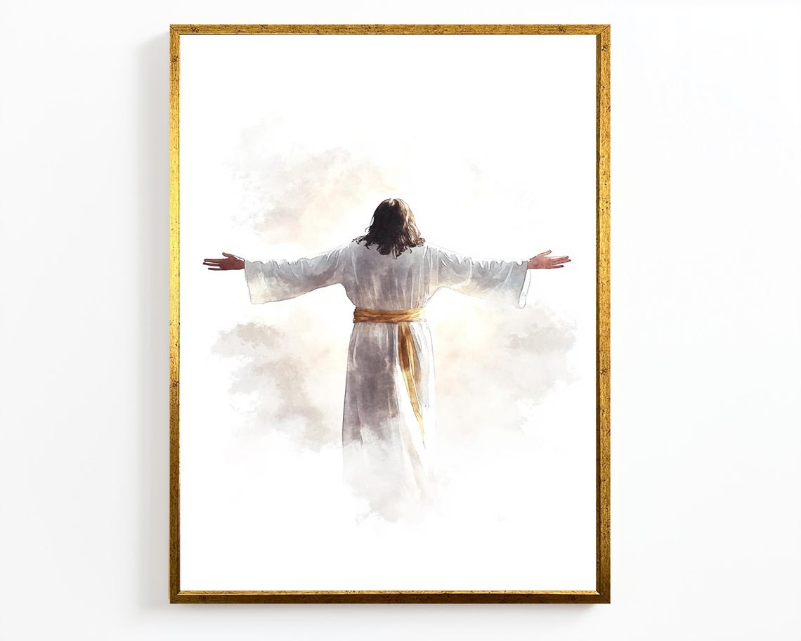 Jesus With Open Arms Watercolor Back View White Robe Gold Sash Poster - Image 4