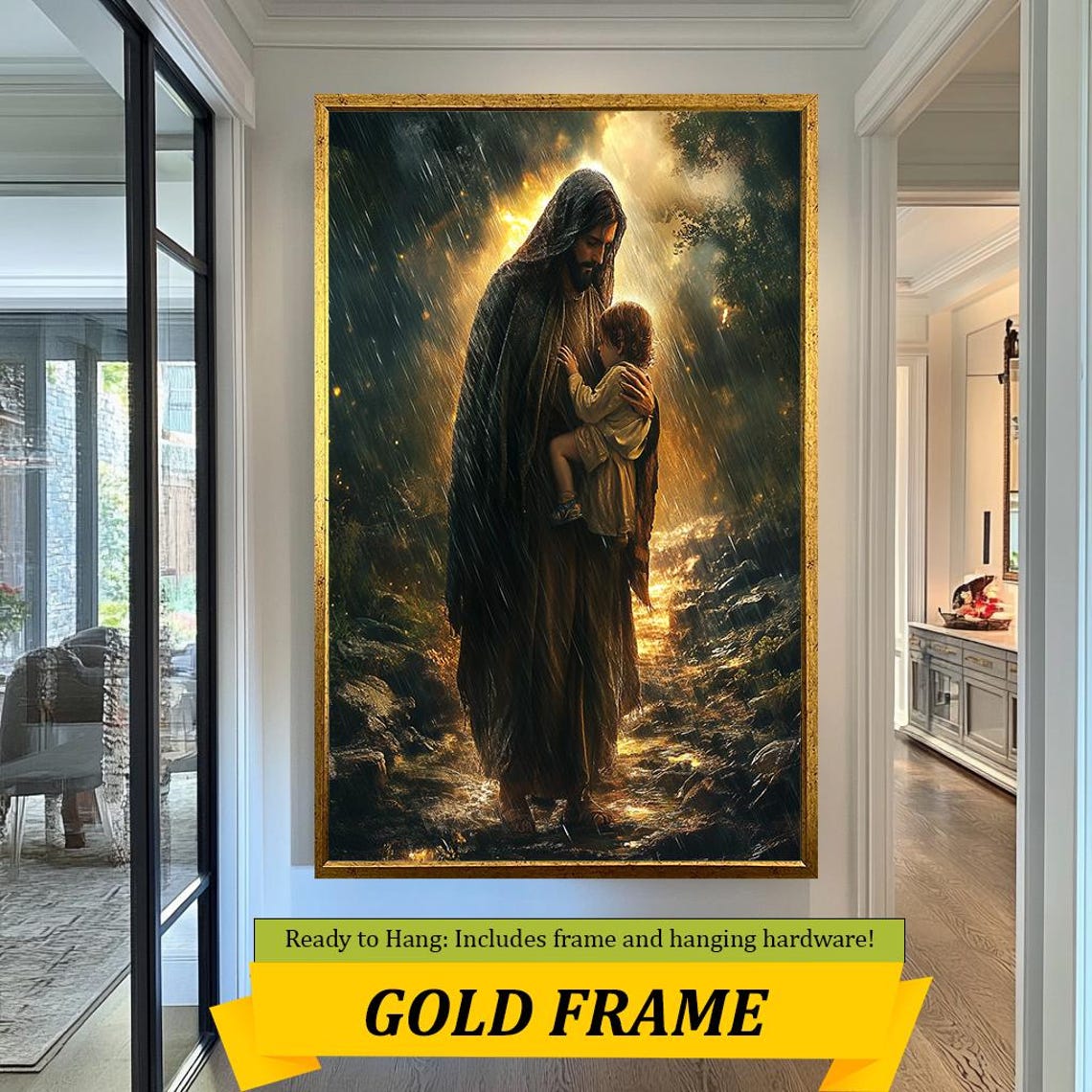 Jesus Protecting Small Child In Rain Golden Divine Light Poster - Image 5