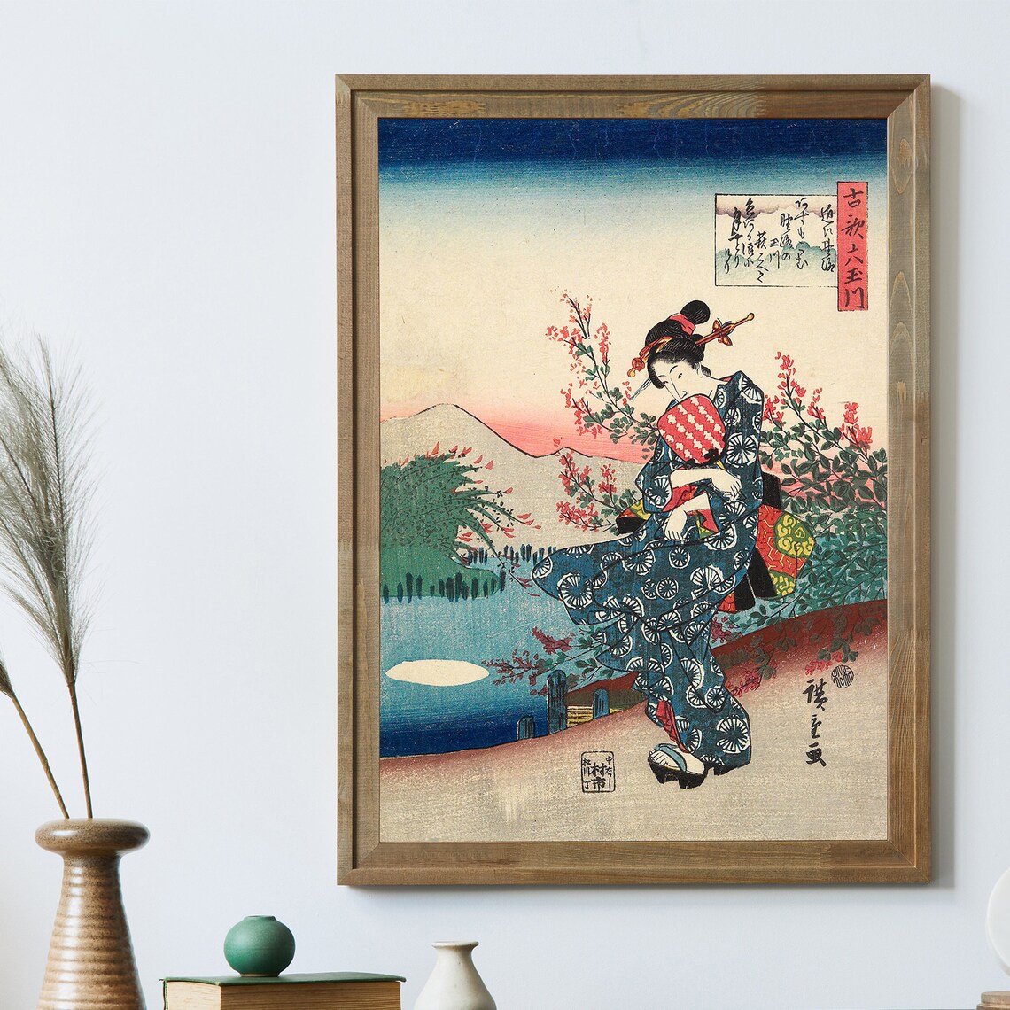 Utagawa Hiroshige Woman In Kimono Moonlit River Vintage Woodblock Poster - Image 2