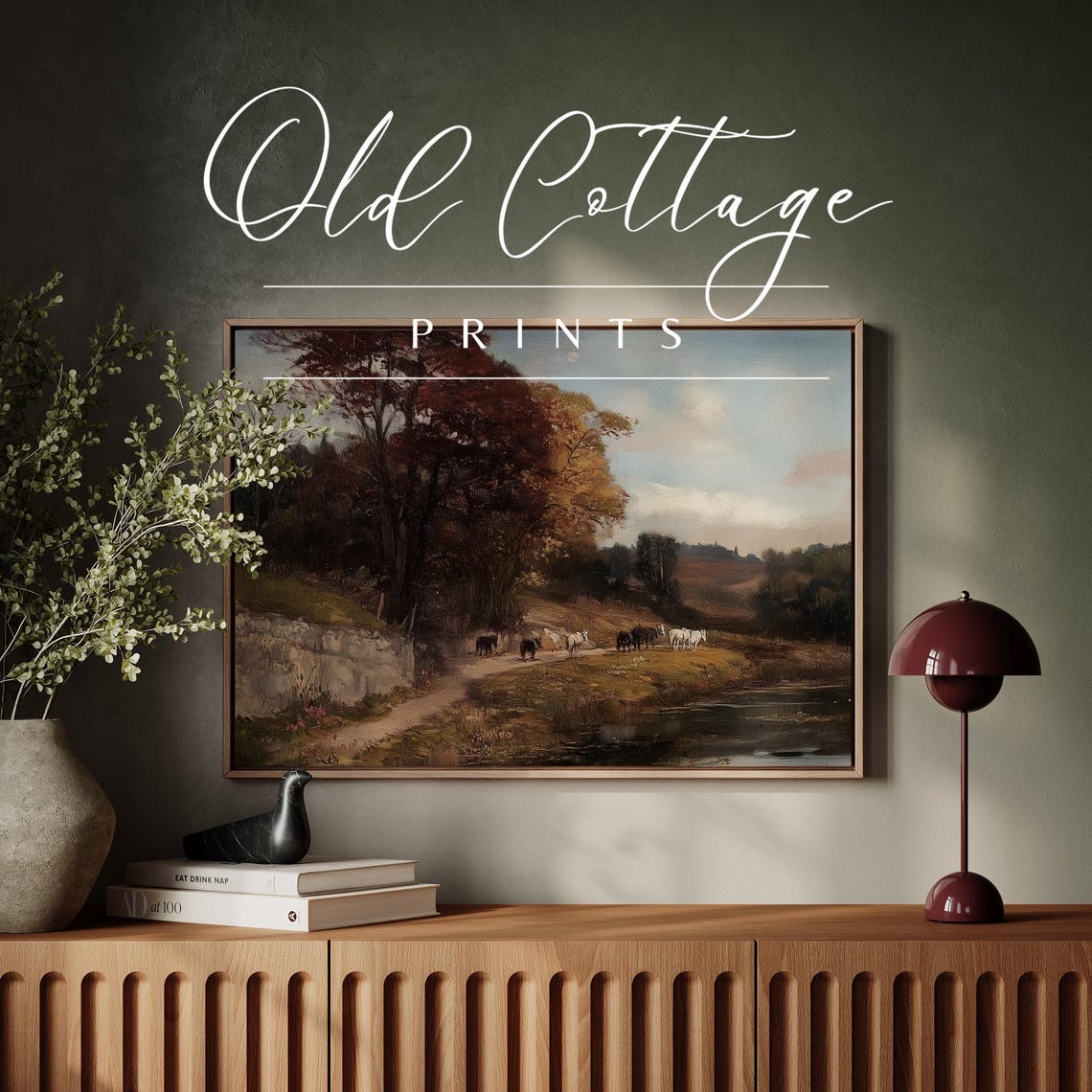 Cows on Country Lane by Stream Autumn Pastoral Vintage Art Poster - Image 3