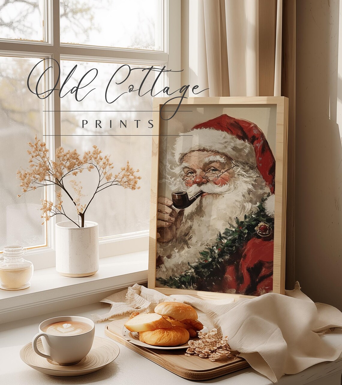 Vintage Santa Claus Smoking Pipe Classic Christmas Oil Painting Poster - Image 2