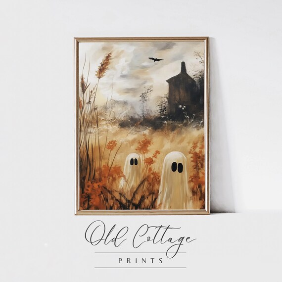 Two Cute Ghosts in Autumn Field Vintage Spooky Halloween Art Print