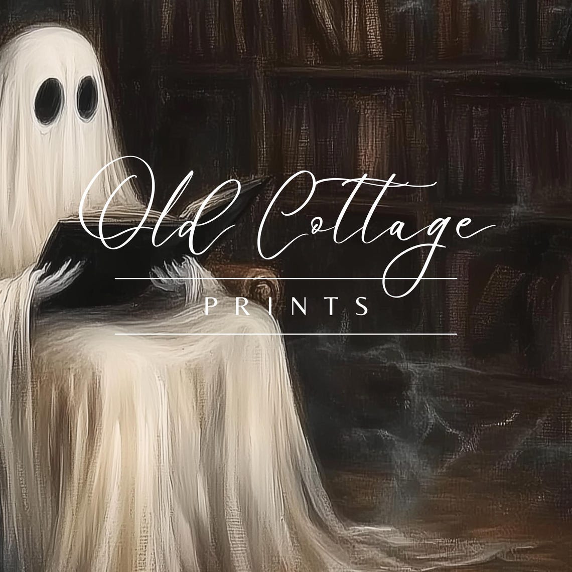 Ghost Reading in Dark Library Cute Spooky Halloween Art Poster - Image 2