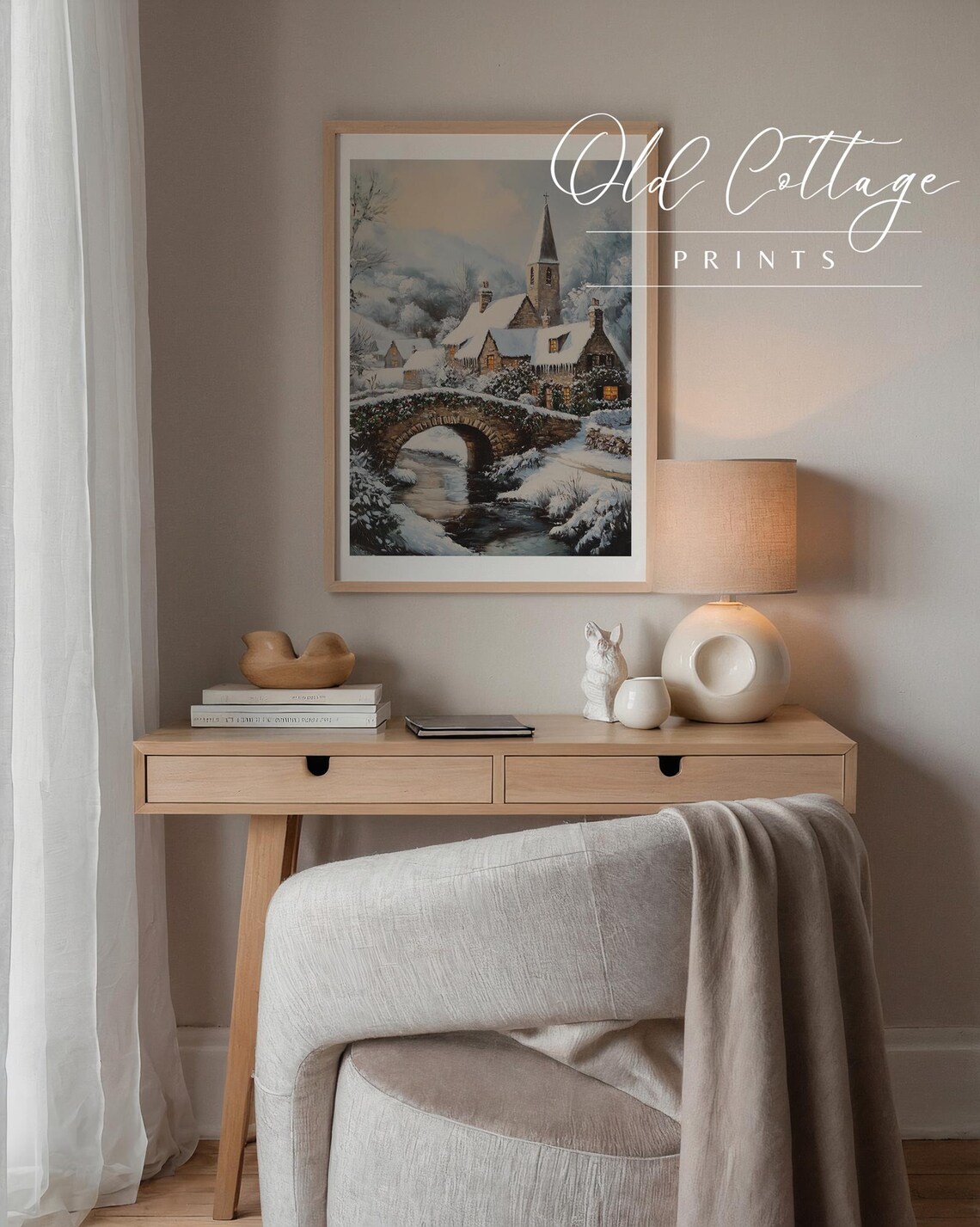 Snowy Village Church And Stone Bridge In A Cozy Winter Scene Poster - Image 2
