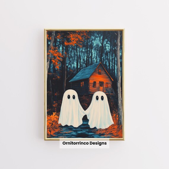 Cute Ghosts Holding Hands Cabin Autumn Night Halloween Wall Art