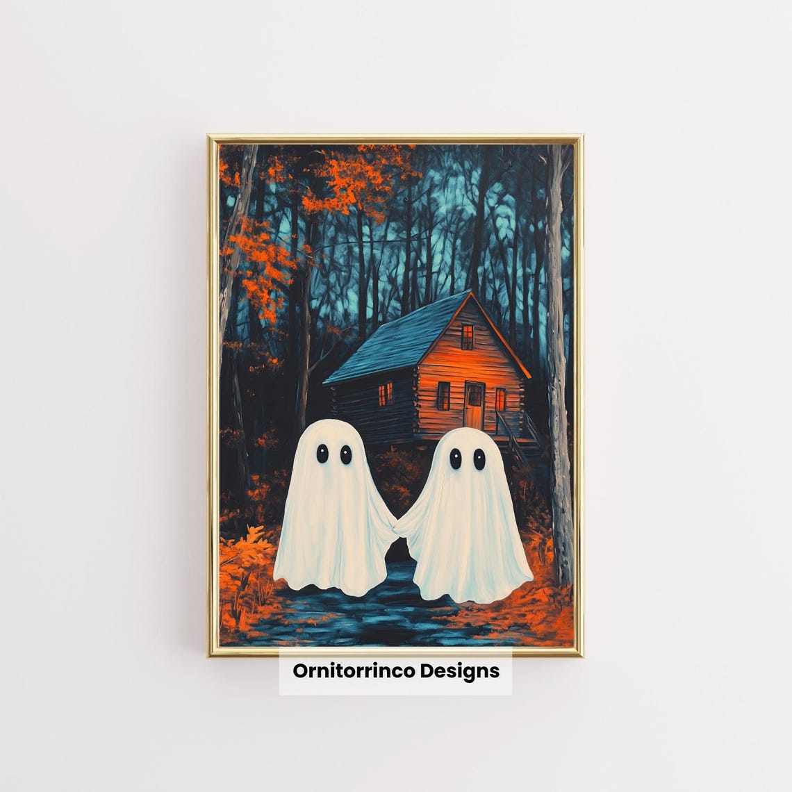 Cute Ghosts Holding Hands Cabin Autumn Night Halloween Wall Art