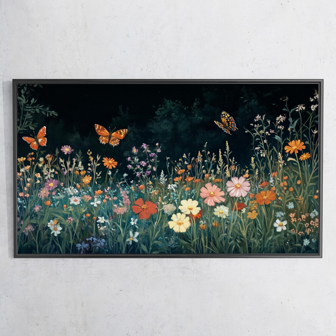 Wildflowers Butterflies Dark Meadow Night Bloom Garden Travel Poster