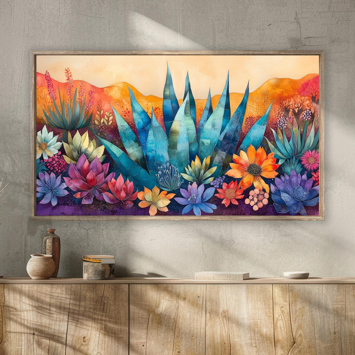 Desert Agave Cactus Flowers Watercolor Southwest Botanical Wall Art - Image 2