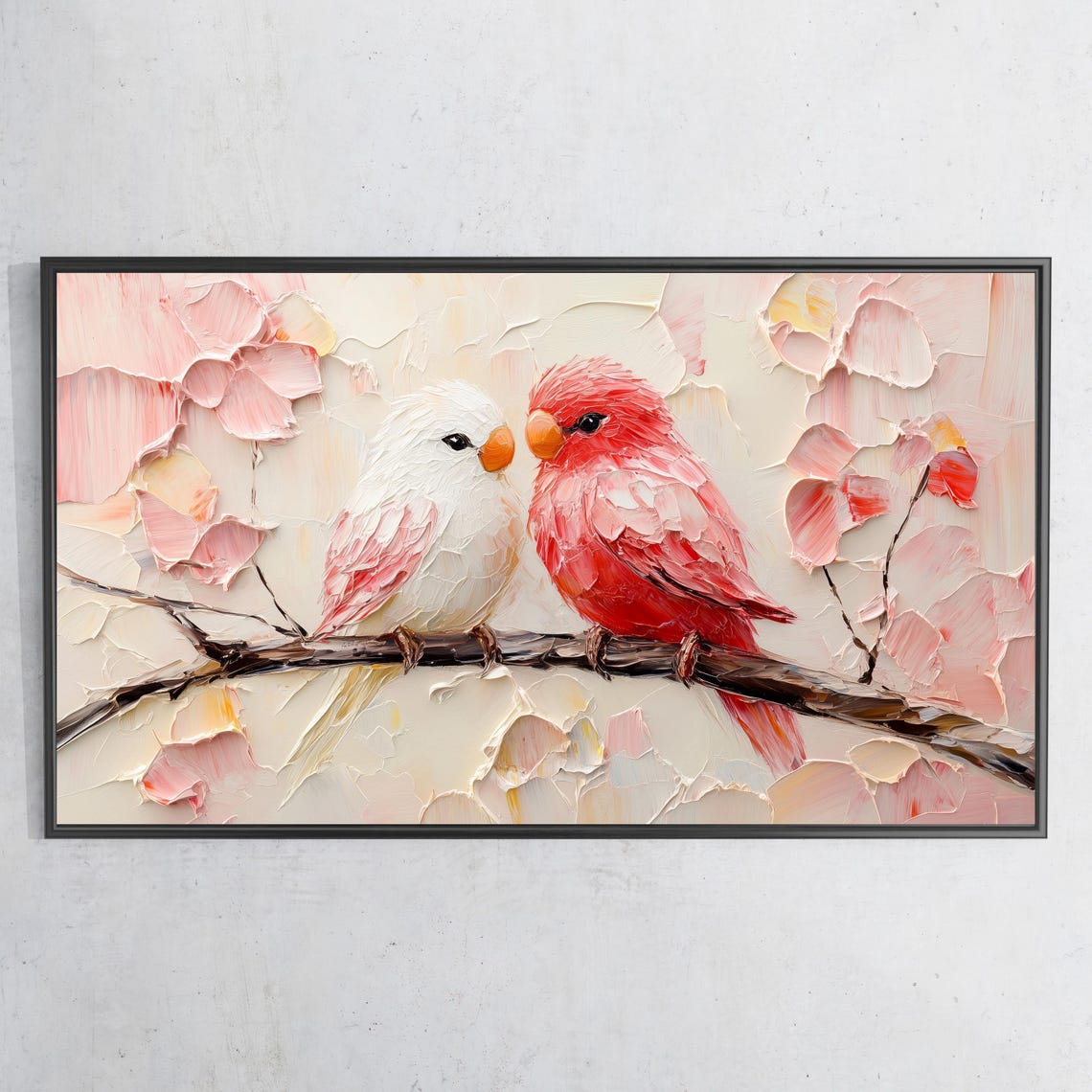 Sweet Lovebirds Pair Pink Petals Impasto Style Romantic Wall Art Print