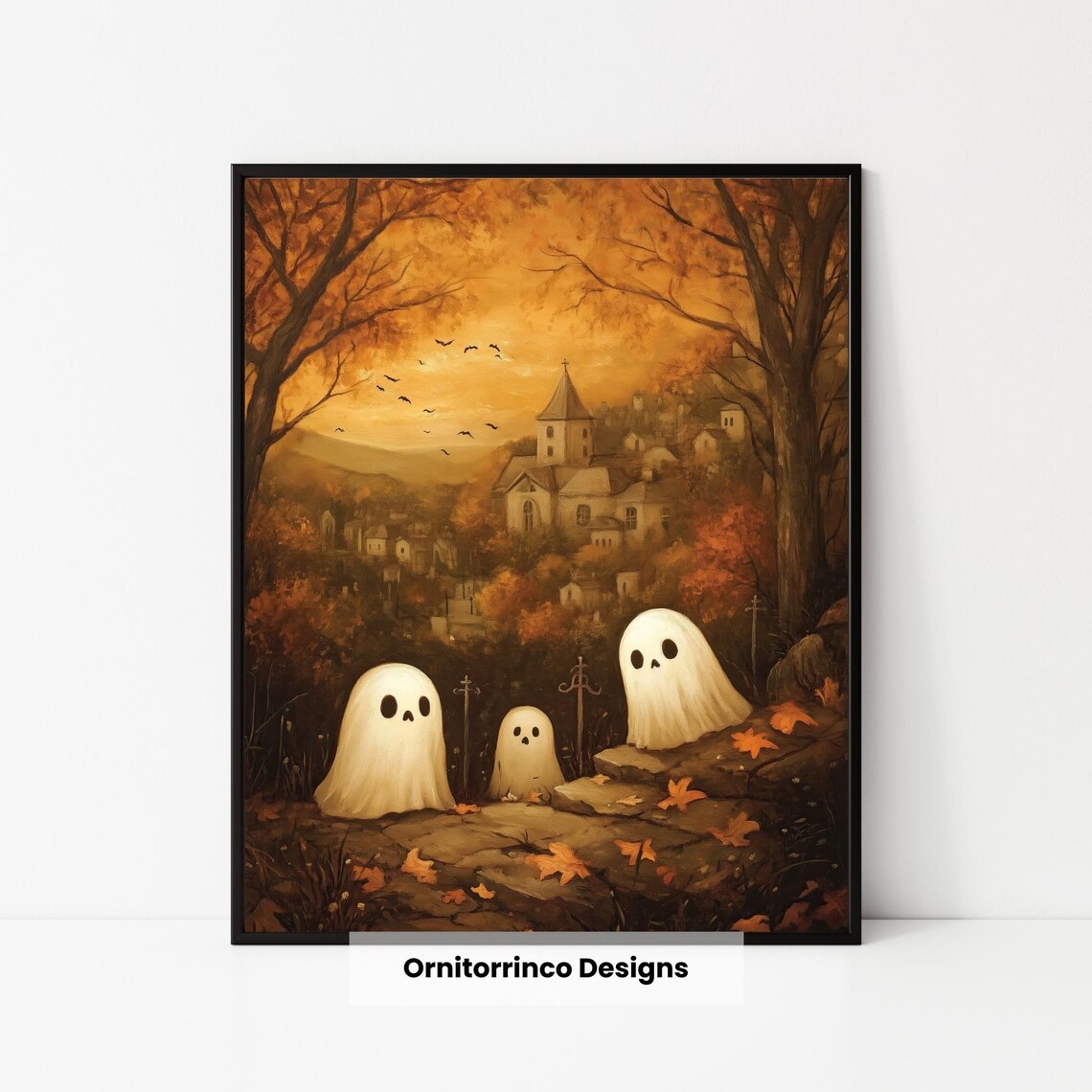 Cute Ghosts Autumn Graveyard Church Spooky Halloween Art Poster - Image 3