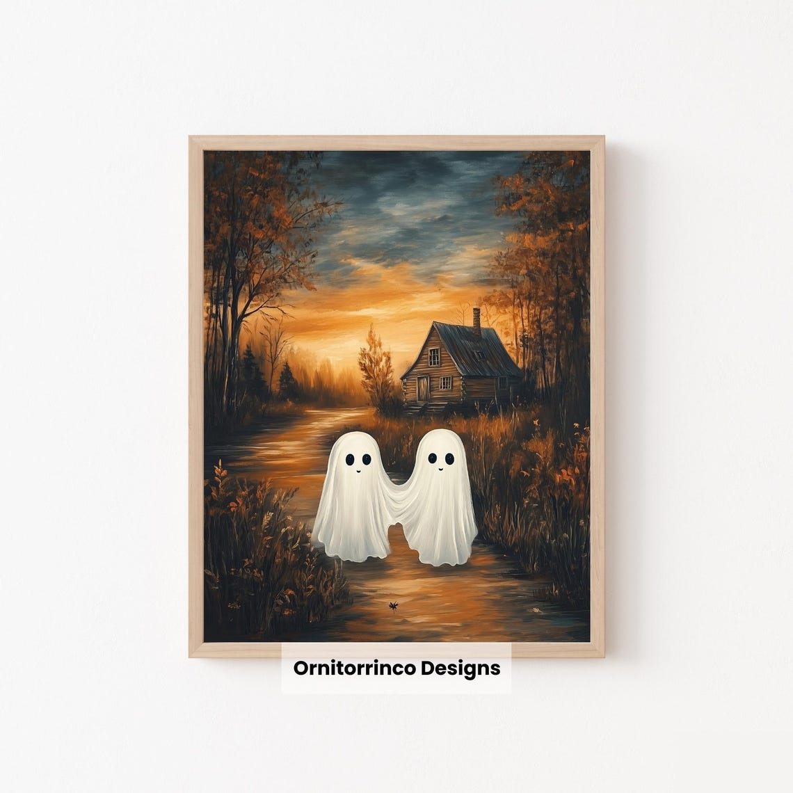 Ghosts Holding Hands Country Cabin Sunset Autumn Halloween Wall Art - Image 2