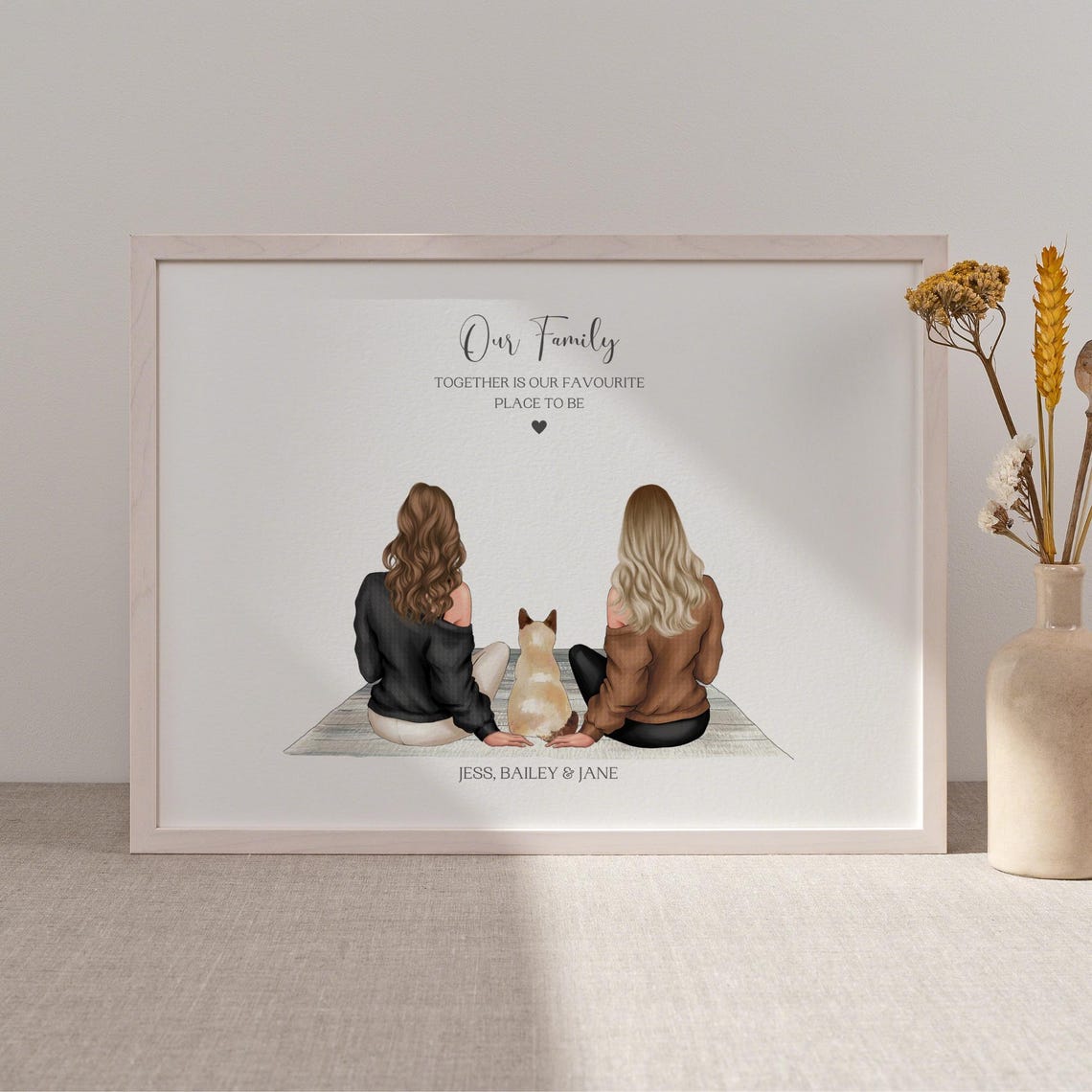 Personalised Female Couple And Pet Print Cat Mom Gifts Cat Mum Gifts Cat Family Print Lgbt Family Portrait Same Sex Couple Gifts