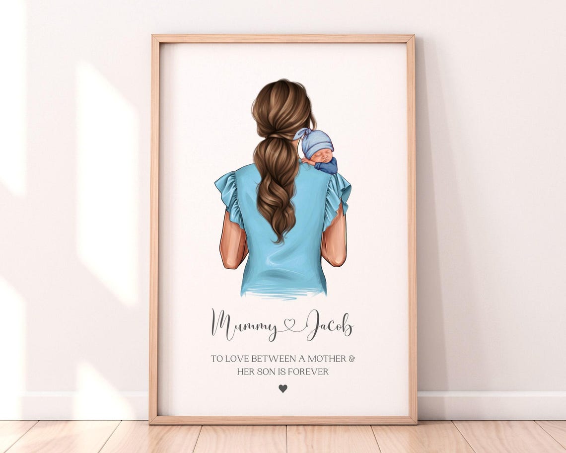 Personalised Mummy and Son Print Brunette Mum Newborn Blue Outfit