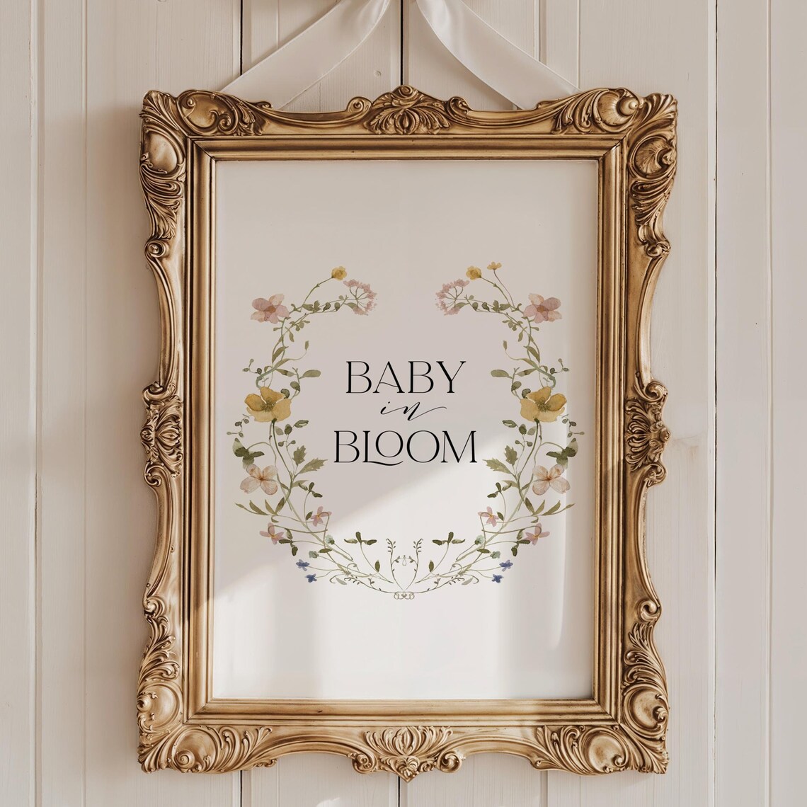 Baby In Bloom Floral Wreath Watercolor Nursery Sign Wall Poster