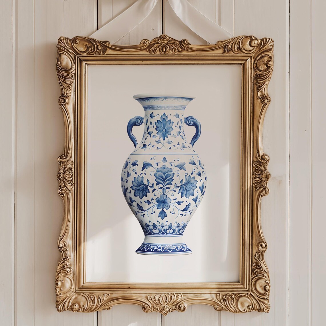 Blue White Floral Chinoiserie Vase Porcelain Botanical Wall Art