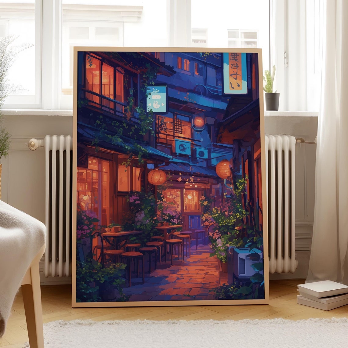 Cozy Japanese Alley Cafe at Night With Lanterns Anime Poster