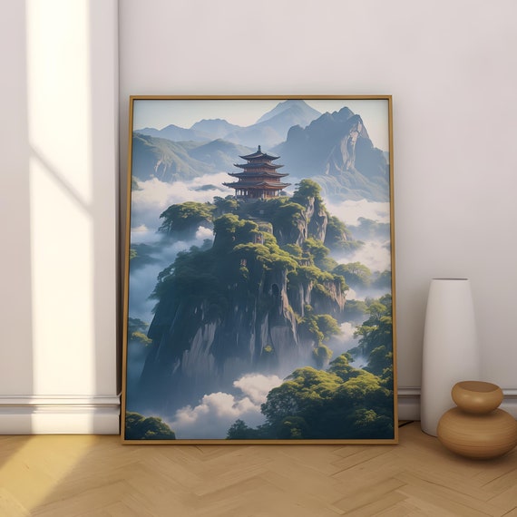 Japanese Temple Matte Vertical Poster Mountain Mist Wall Art Tranquil Landscape Art Print Zen Decor Ethereal Shrine Hanging Picture