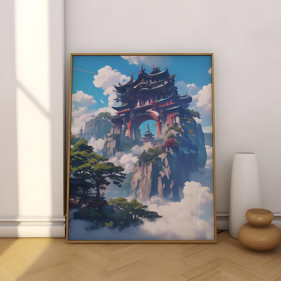 Anime Style Misty Mountain Temple Matte Vertical Poster Japanese Art Print Tranquil Zen Gift Ethereal Landscape Artwork Serene Wall