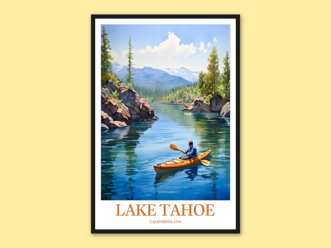 Lake Tahoe California Kayaking Adventure Watercolor Travel Poster