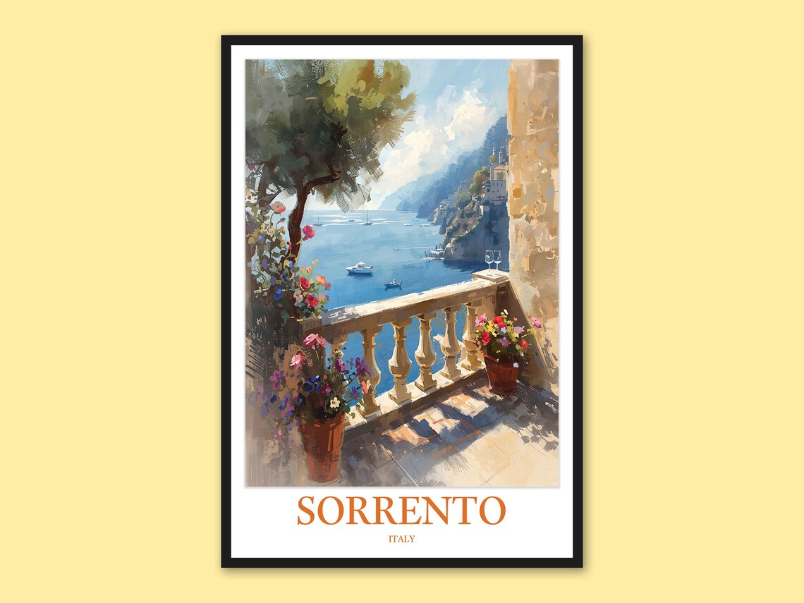 Sorrento Italy Flower Terrace Potted Plants Sunlit Sea View Poster