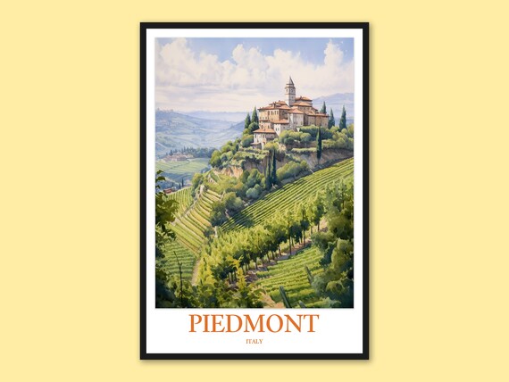 Piedmont Italy Vineyard Hillside Village Watercolor Travel Poster