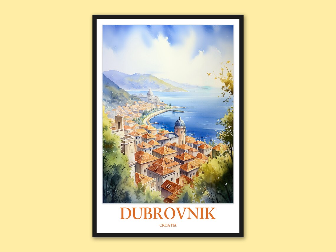 Dubrovnik Croatia Old Town Orange Rooftops Adriatic Watercolor Poster