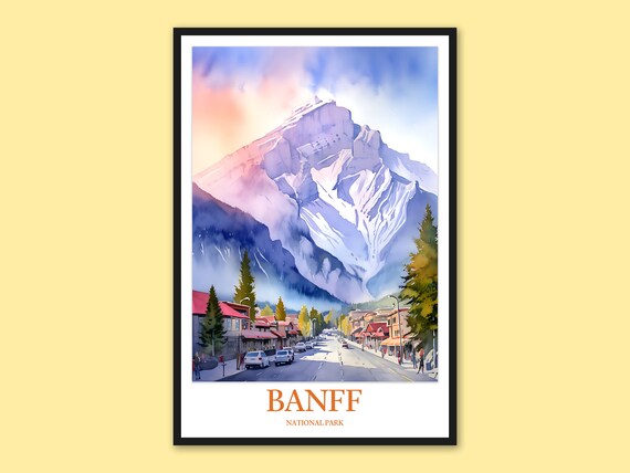 Banff National Park Town Street Mountain Watercolor Travel Poster