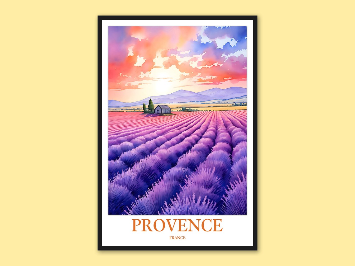 Provence France Lavender Field Hilltop Farm Sunset Travel Poster