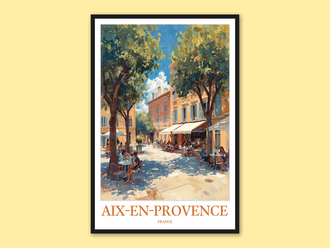 Aix-En-Provence France Sunlit Cafe Plaza Under Leafy Trees Poster