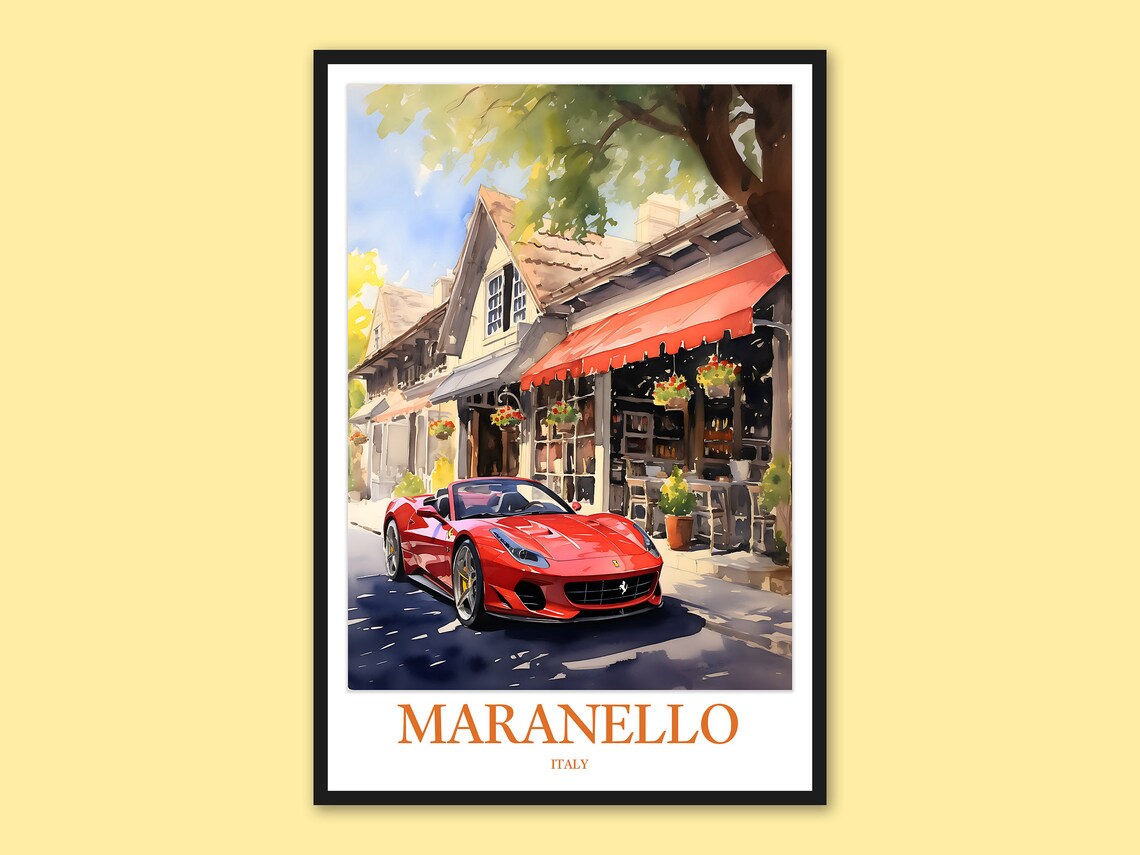 Maranello Italy Red Ferrari Cafe Street Watercolor Travel Poster