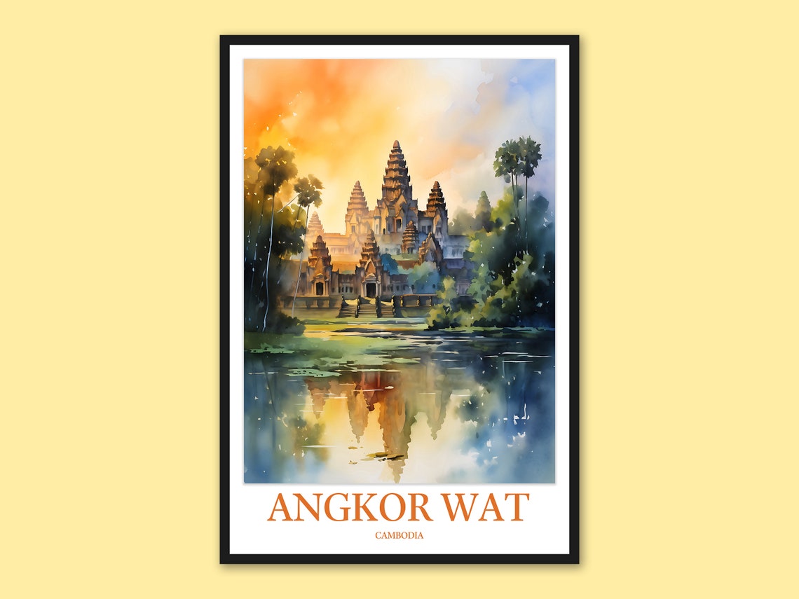 Angkor Wat Cambodia Sunset Watercolor Painting Travel Poster