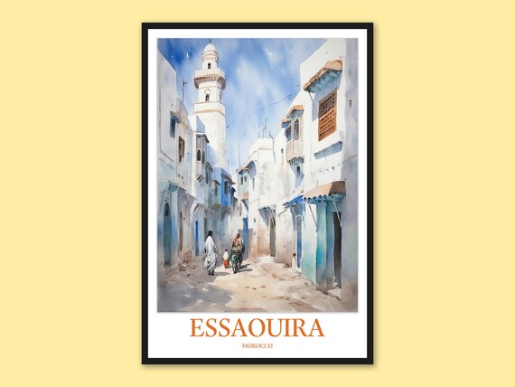 Essaouira Morocco Whitewashed Medina Street Minaret Watercolor Art Poster