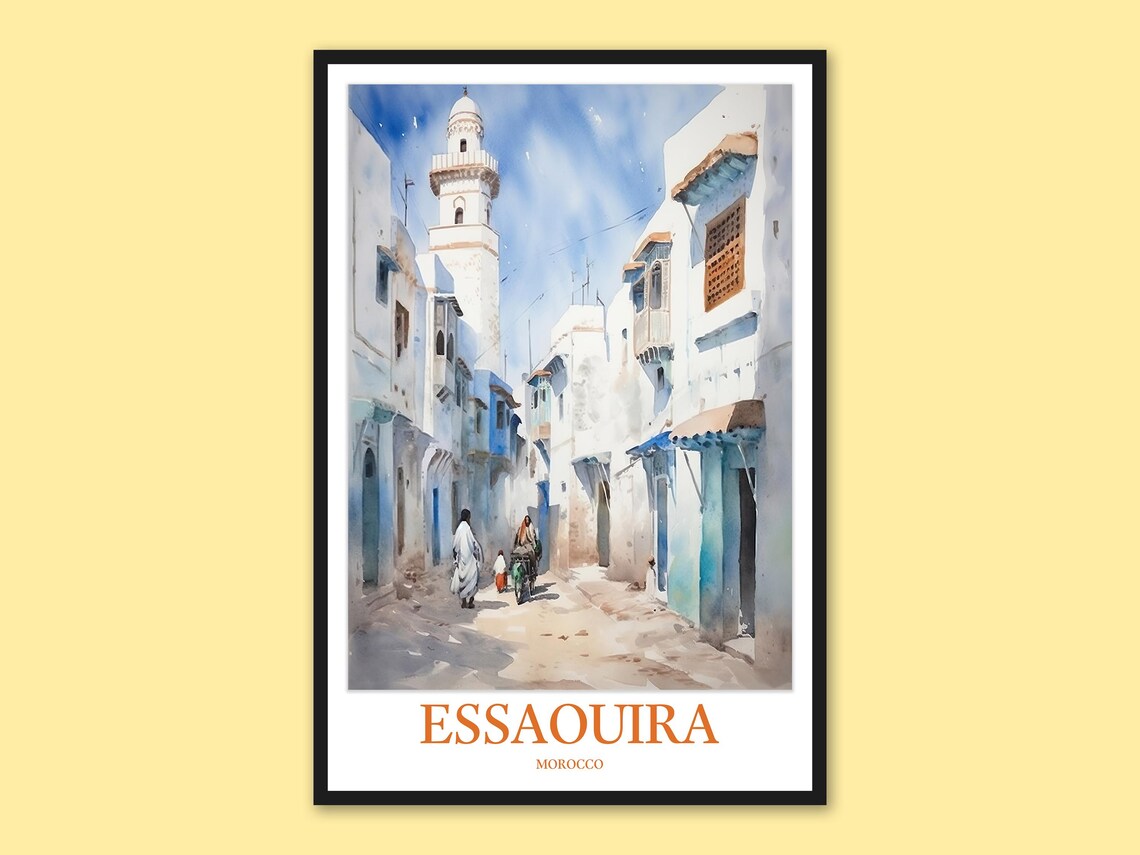 Essaouira Morocco Whitewashed Medina Street Minaret Watercolor Art Poster