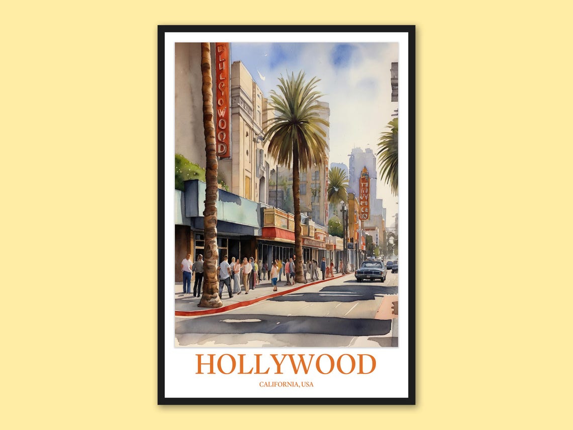 Hollywood Theater District Palms Watercolor Cinema Marquee Poster